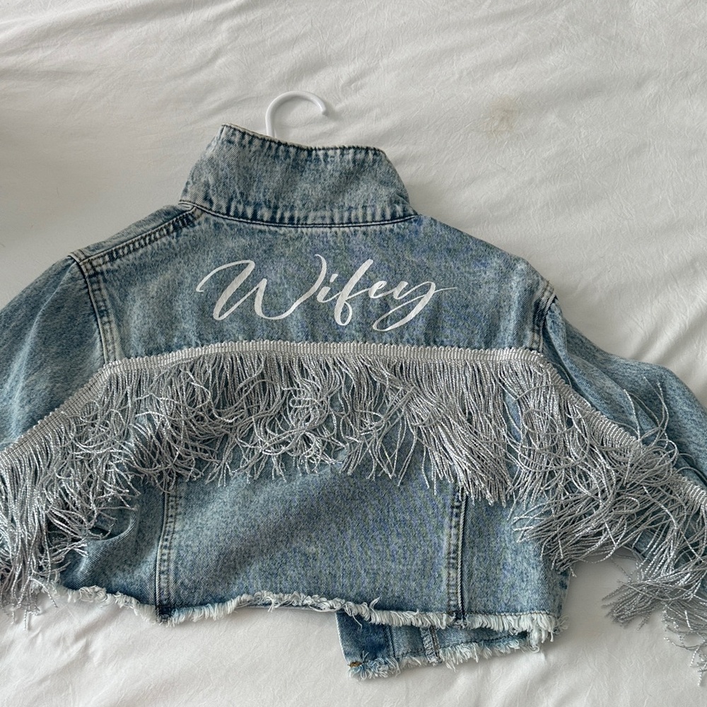 Fringed Denim Jacket with 'Wifey' Embroidery